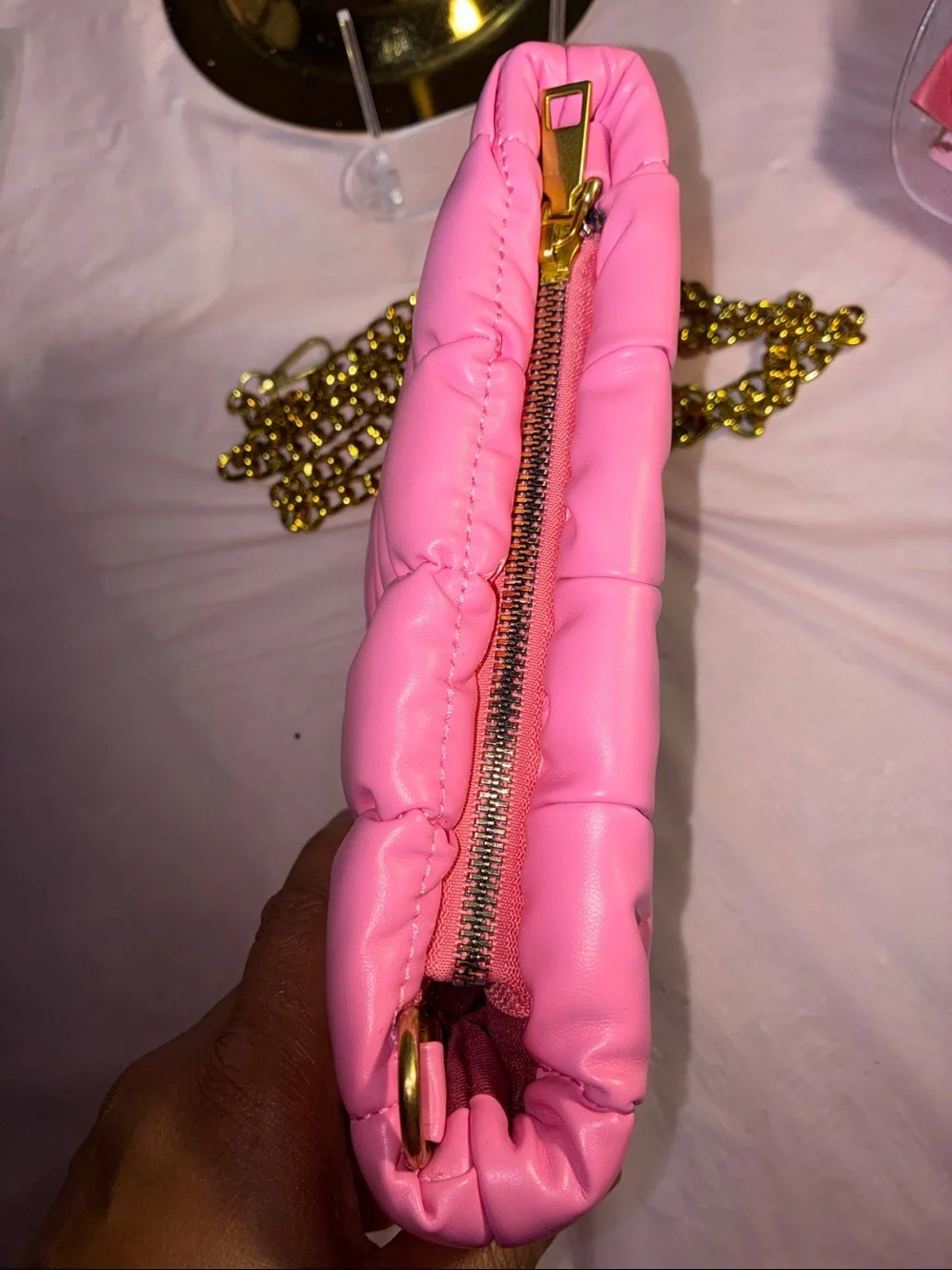 NWOT! Pink Quilted Wristlet Clutch with Gold Chain Strap